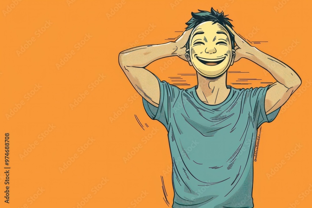 A young man holding a large smiley face mask, expressing joy, on a vibrant orange background A young man holding a large smiley face mask, expressing joy, on a vibrant orange background