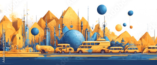 Vibrant Abstract Wave of Smart City in car with Multilayered Color Texture and Digital Elements - Global Technology and Social Network Concept for Web Banner Design