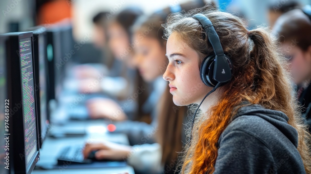 A girl focused on coding at a computer, wearing headphones in a collaborative environment.