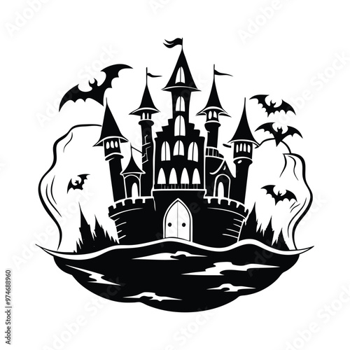 a black and white illustration of a halloween castle with bats flying around it, , dark castle background, shadowy castle background, bats flying away from castle, ultra detailed haunted house, spooky