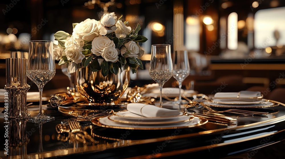 Elegant dining table setup featuring a floral centerpiece, delicate glassware, and fine china for a luxurious experience. Elegant dining table setup featuring a floral centerpiece, delicate glassware, and fine china for a luxurious experience.