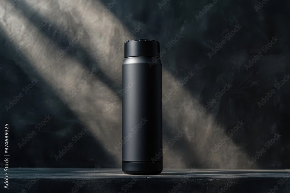A sleek black thermos bottle stands against a dark, textured background, illuminated by soft light. A sleek black thermos bottle stands against a dark, textured background, illuminated by soft light.