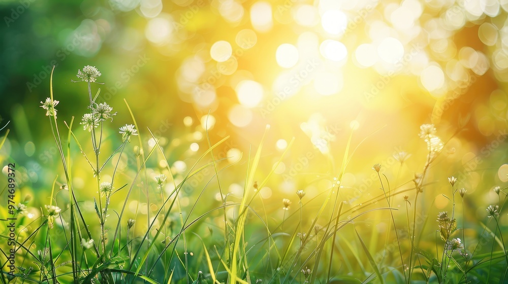 Fototapeta premium Sunlit Meadow with Delicate Flowers, bokeh, nature, spring, green