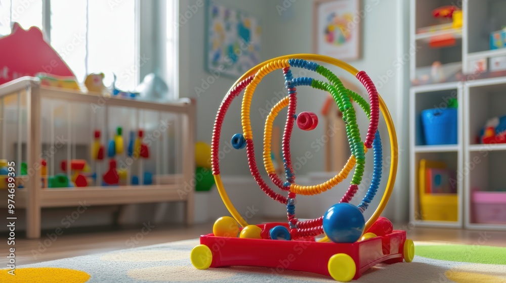 Naklejka premium A colorful 3D bead maze toy with loops and sliding beads, placed in a child playroom