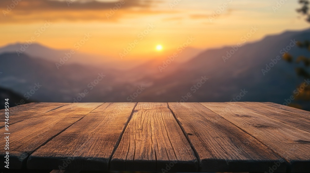 A wooden table in front of a scenic sunset over mountains, creating a tranquil atmosphere. A wooden table in front of a scenic sunset over mountains, creating a tranquil atmosphere.