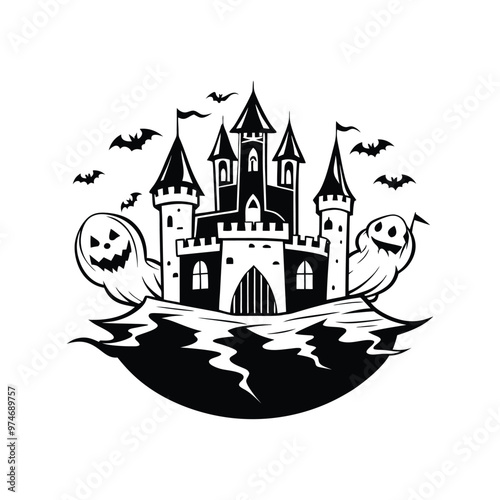 a black and white illustration of a halloween castle with bats flying around it, , dark castle background, shadowy castle background, bats flying away from castle, ultra detailed haunted house, spooky