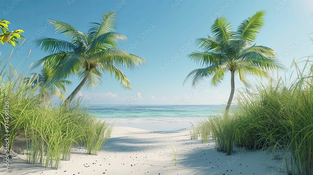 Obraz premium Palm Trees Framing a Beach Path with Blue Ocean and Sky