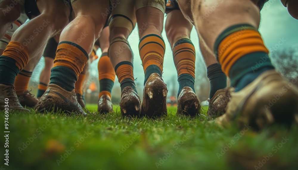 Rugby Players Gathered In Huddle And Celebrating Victory With Aggressive Display, Rubbing Feet On Grass In Unity. Rugby Players Gathered In Huddle And Celebrating Victory With Aggressive Display, Rubbing Feet On Grass In Unity.