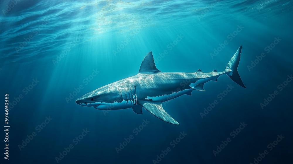 Fototapeta premium A majestic great white shark swimming effortlessly through clear, blue water, with its streamlined body and powerful tail visible in the underwater scene.