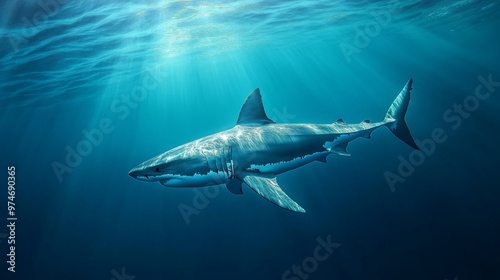 A majestic great white shark swimming effortlessly through clear, blue water, with its streamlined body and powerful tail visible in the underwater scene.