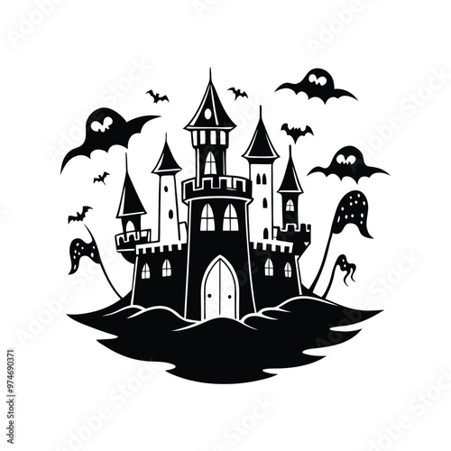 a black and white illustration of a halloween castle with bats flying around it, , dark castle background, shadowy castle background, bats flying away from castle, ultra detailed haunted house, spooky