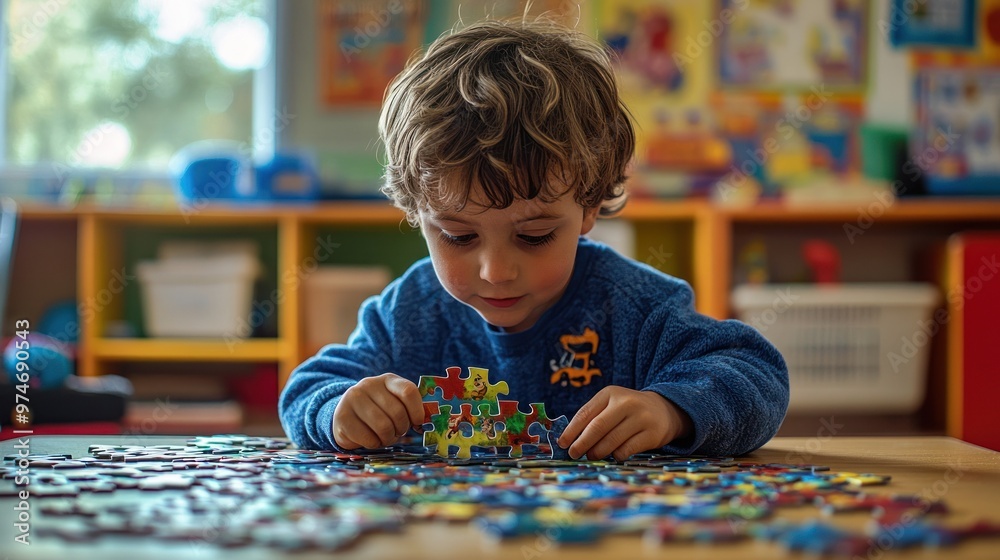 A child focuses on assembling colorful puzzle pieces on a table in a playful learning environment. A child focuses on assembling colorful puzzle pieces on a table in a playful learning environment.