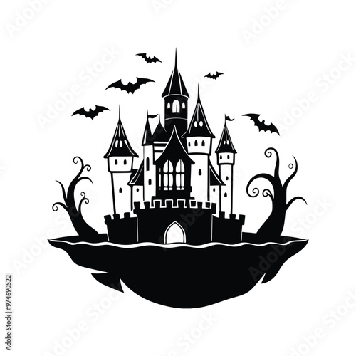 a black and white illustration of a halloween castle with bats flying around it, , dark castle background, shadowy castle background, bats flying away from castle, ultra detailed haunted house, spooky
