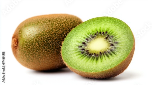 A whole kiwi fruit and a sliced half showcasing its vibrant green interior.