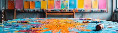 A vibrant art studio featuring colorful paint splatters on a table, surrounded by bright artwork on display.