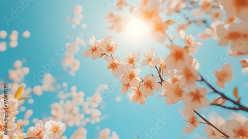 Bottomup view of blooming tree branches and blue sky on a sunny day : Generative AI photo