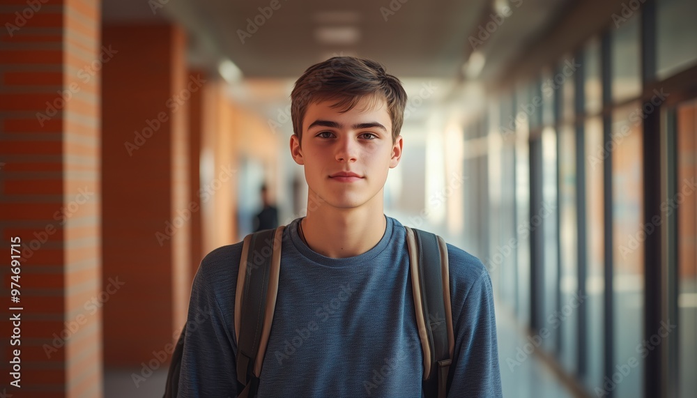 Caucasian Male Student Standing In College Corridor, Captured In A Portrait At A University Campus. Teenage Male Student Poses In Hallway. Caucasian Male Student Standing In College Corridor, Captured In A Portrait At A University Campus. Teenage Male Student Poses In Hallway.