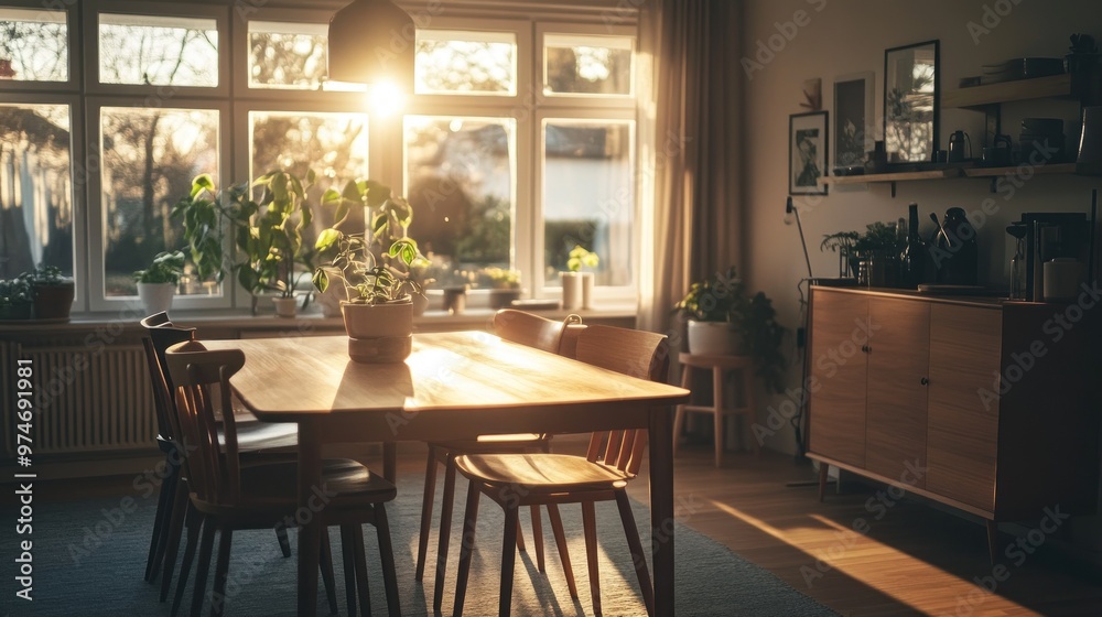 A cozy dining area with plants, sunlight, and wooden furniture creating a warm atmosphere. A cozy dining area with plants, sunlight, and wooden furniture creating a warm atmosphere.