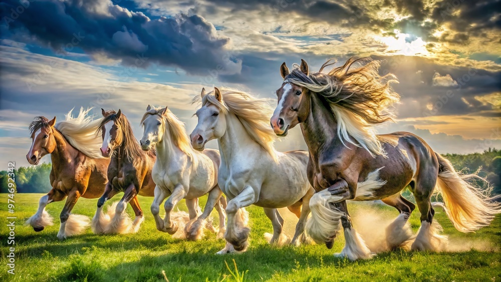 Vibrant feathered legs, flowing manes, and muscular bodies of gypsy horses shine in a sun-drenched meadow, exuding freedom and raw natural beauty at its finest.