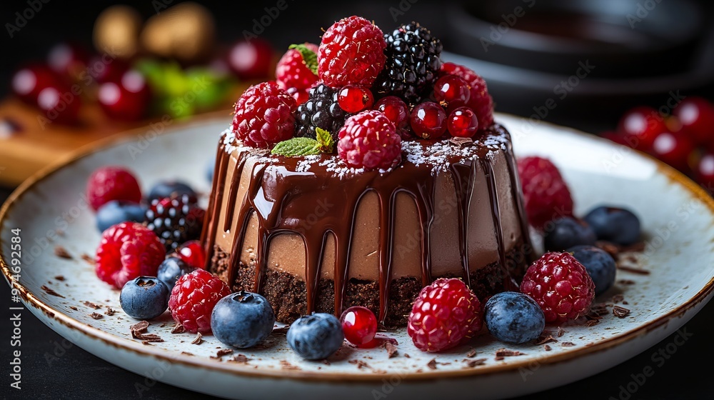 A chocolate cake with berries on top of it on a plate A chocolate cake with berries on top of it on a plate