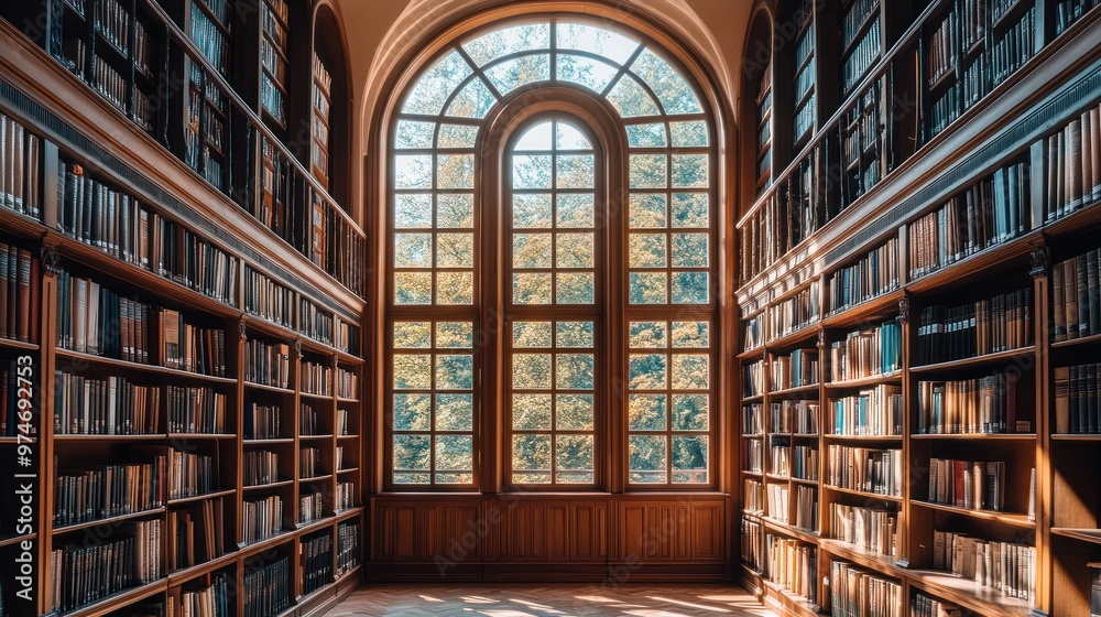 A serene library with wooden shelves and large windows letting in warm sunlight. A serene library with wooden shelves and large windows letting in warm sunlight.