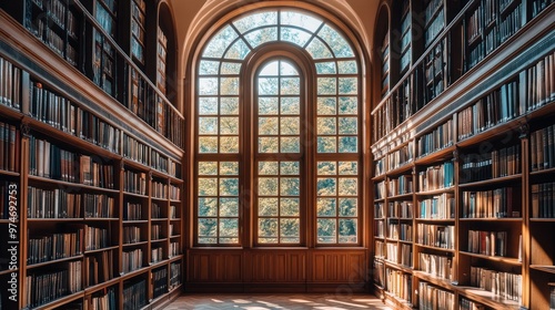 A serene library with wooden shelves and large windows letting in warm sunlight.