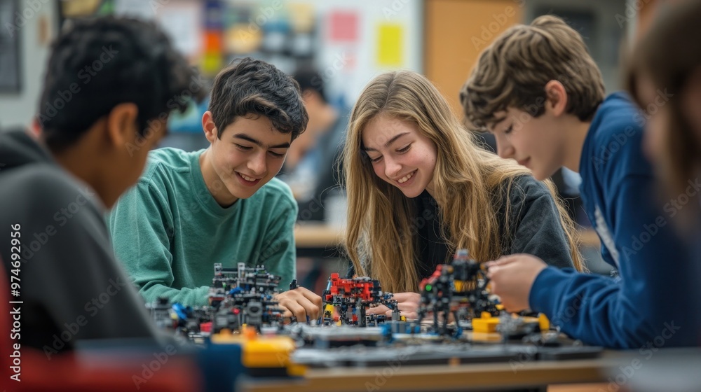 Students collaborate on robotics projects, showcasing teamwork and creativity in a classroom setting. Students collaborate on robotics projects, showcasing teamwork and creativity in a classroom setting.