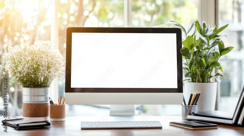 A modern workspace with a computer, plants, and natural light. A modern workspace with a computer, plants, and natural light.