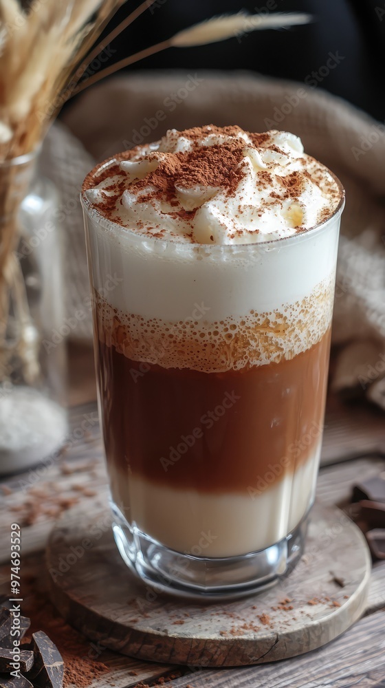 Indulge in a Creamy Coffee Dream: Layers of coffee, milk, and fluffy whipped cream topped with a sprinkle of cocoa. Indulge in a Creamy Coffee Dream: Layers of coffee, milk, and fluffy whipped cream topped with a sprinkle of cocoa.