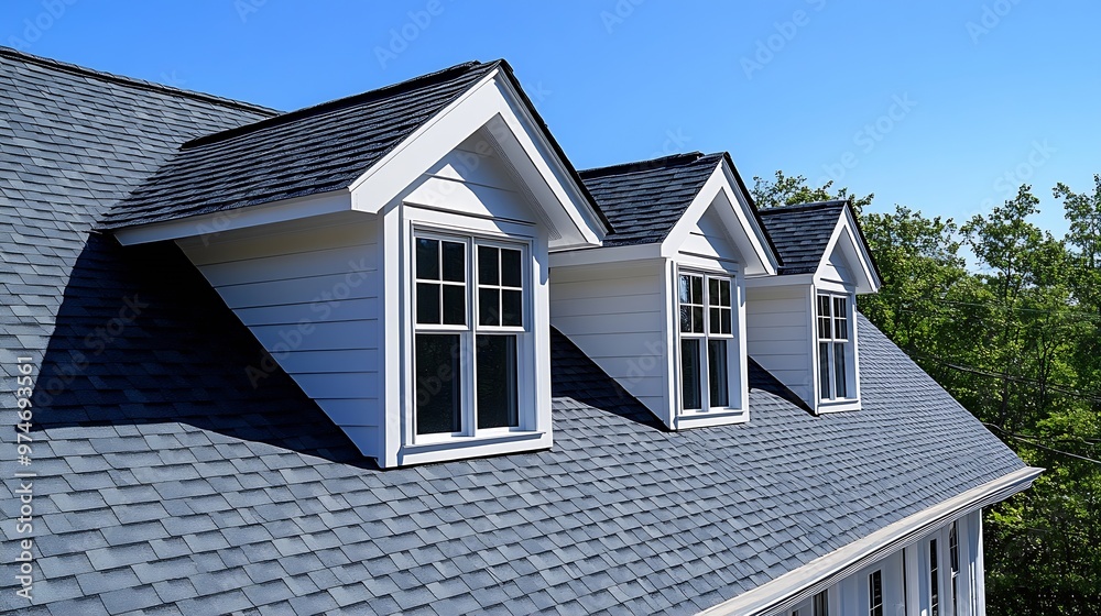 Dormer windows on the sloped shingle roof of a newly built house in Brighton Massachusetts USA : Generative AI Dormer windows on the sloped shingle roof of a newly built house in Brighton Massachusetts USA : Generative AI