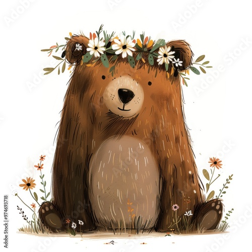 Cute bear sitting among wildflowers wearing a floral crown in a cheerful forest setting