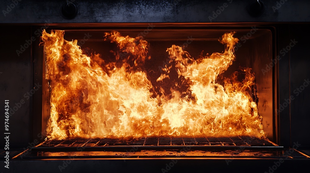Obraz premium Fiery Oven Door - Hyperrealistic Product Photography with High Detail and Studio Lighting on Dark Background