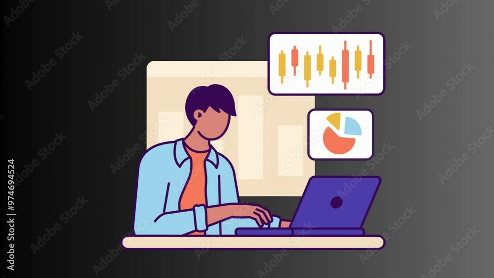 Stock Trader Working on Laptop with Charts Animated Stock Trader Working on Laptop with Charts Animated