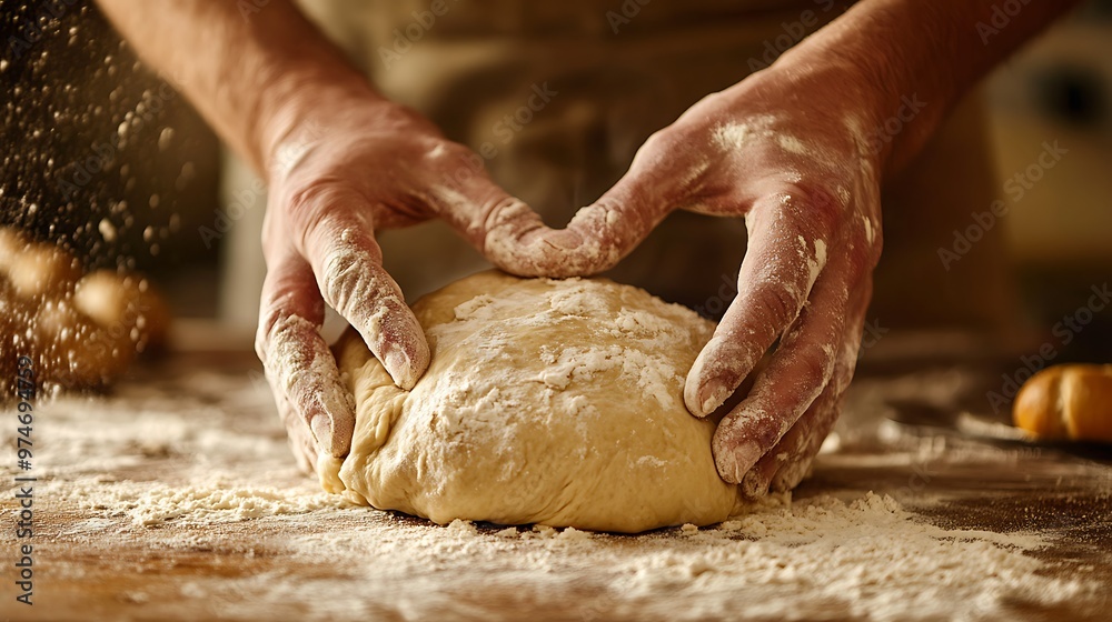 Crafting Artisan Bread: Hands Kneading Dough in Rustic Kitchen Ambiance Crafting Artisan Bread: Hands Kneading Dough in Rustic Kitchen Ambiance