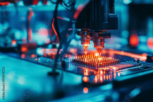 Robotic process of making a microchip circuit board and electronic components by modern engineering high technology precision  semiconductor manufacturing. Generative AI