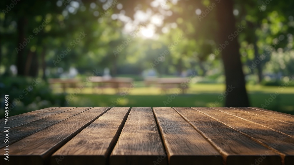 A wooden table in a sunlit park setting, ideal for gatherings or relaxation. A wooden table in a sunlit park setting, ideal for gatherings or relaxation.