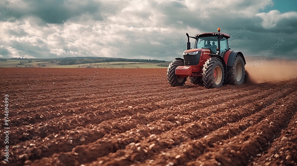 Fototapeta premium Farmer in tractor ploughing field on cloudy day : Generative AI