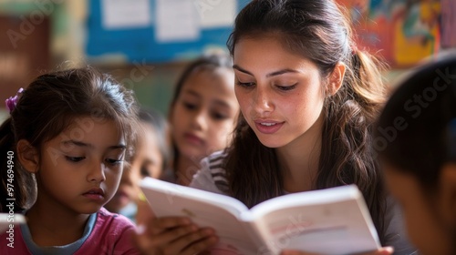 A young woman reads to children in a classroom, fostering learning and engagement.