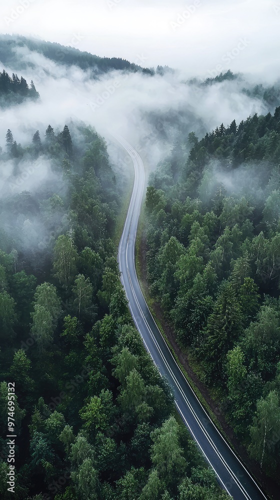 A winding road cuts through a dense, misty forest, offering a glimpse of serene beauty and a mysterious journey ahead. A winding road cuts through a dense, misty forest, offering a glimpse of serene beauty and a mysterious journey ahead.