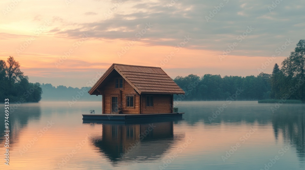 Fototapeta premium A serene wooden house on a floating platform in a calm lake at sunrise.