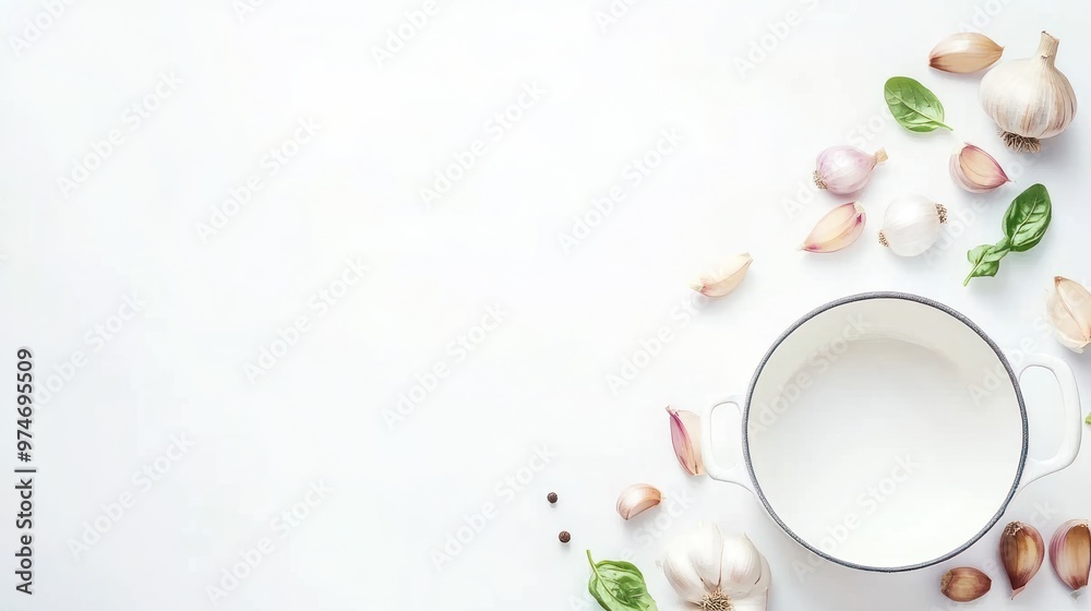 A flat lay of ingredients including garlic, shallots, and a pot, suggesting a cooking theme. A flat lay of ingredients including garlic, shallots, and a pot, suggesting a cooking theme.