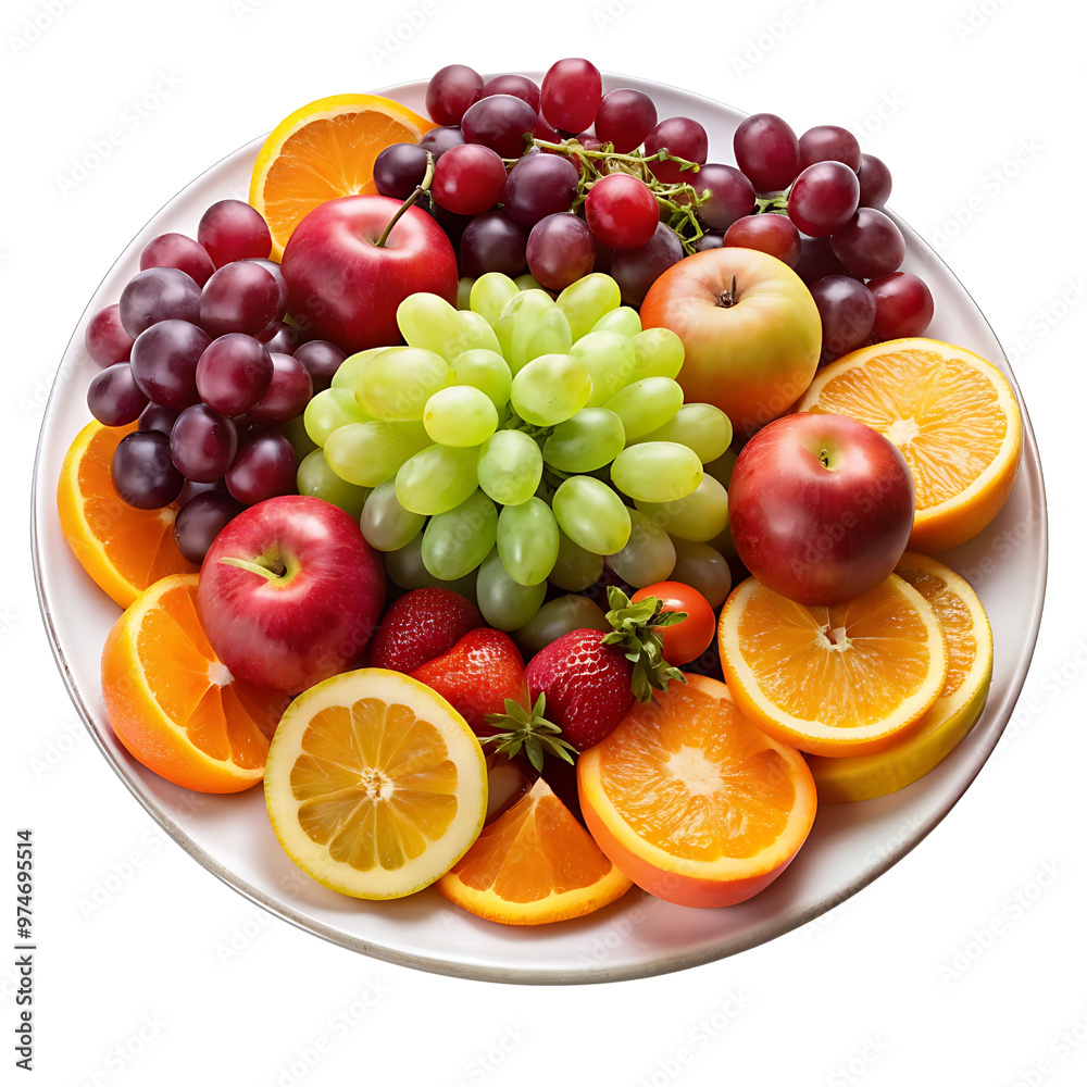 Mixed fruit platter with grapes, apples, and oranges, isolated on a transparent background.
Mixed fruit platter with grapes, apples, and oranges, isolated on a transparent background.