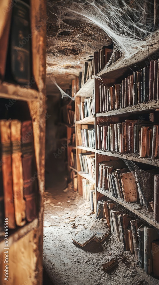 A Glimpse into the Past: Dust-covered books line the shelves of a long-forgotten underground library, hinting at forgotten knowledge and secrets. A Glimpse into the Past: Dust-covered books line the shelves of a long-forgotten underground library, hinting at forgotten knowledge and secrets.