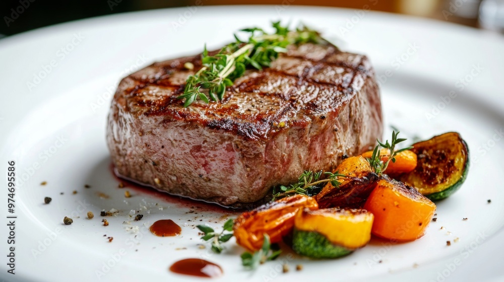 A perfectly cooked steak with a medium-rare center, garnished with fresh herbs and served with a side of roasted vegetables on a white plate. A perfectly cooked steak with a medium-rare center, garnished with fresh herbs and served with a side of roasted vegetables on a white plate.