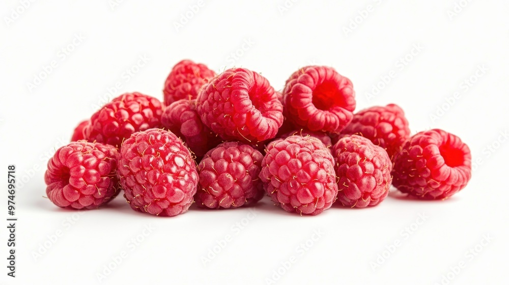 A pile of fresh raspberries arranged on a white background. A pile of fresh raspberries arranged on a white background.