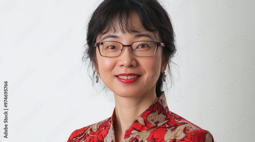 A woman in a red floral dress smiles, showcasing a professional portrait.