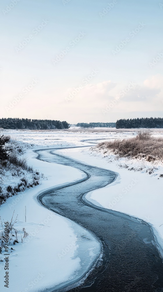 Winter's Embrace: A Serpentine River Carves Through a Frozen Landscape Winter's Embrace: A Serpentine River Carves Through a Frozen Landscape