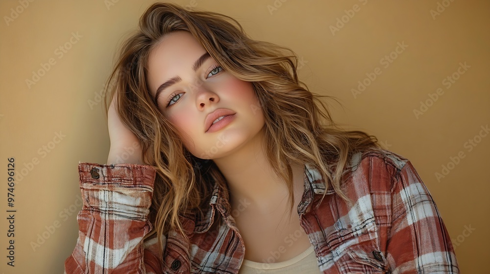 Fototapeta premium Caucasian young female plus size model wearing casual clothes posing on beige background : Generative AI