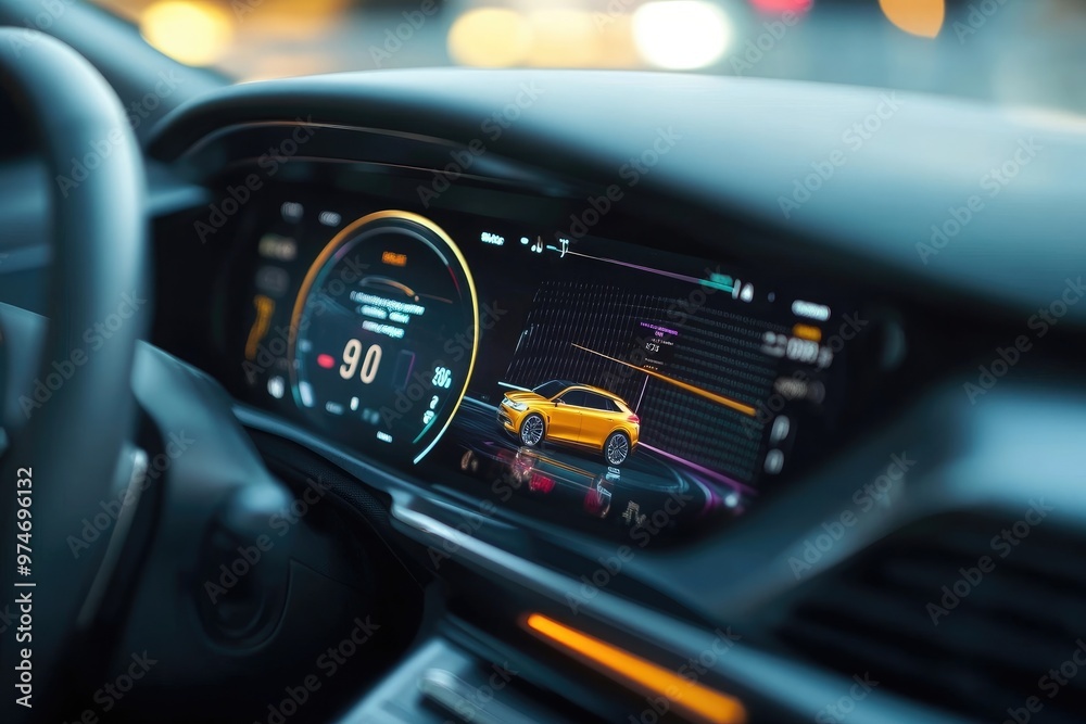 Modern car dashboard with digital display showing a car model Modern car dashboard with digital display showing a car model