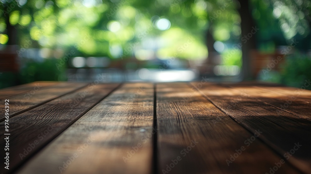 A blurred view of a wooden table in a lush, green outdoor setting. A blurred view of a wooden table in a lush, green outdoor setting.